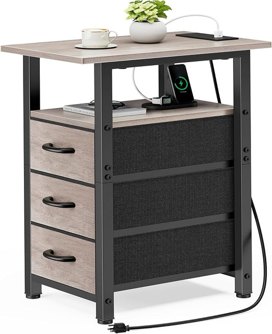 Vagusicc Night Stand with Charging Station, Narrow Nightstand with U-S-B Ports and Outlets, End Table with 3 Fabric Storage Drawers, Small Bedside Table, Greige