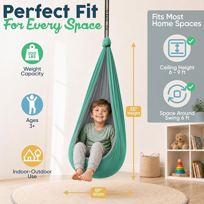 Sensory Swing for Kids Indoor Outdoor - Calming Cocoon Therapy Swing, Holds 300lbs - Hug-Like Sensory Hammock with 360° Swivel Hardware for Autism, ADHD, SPD Support