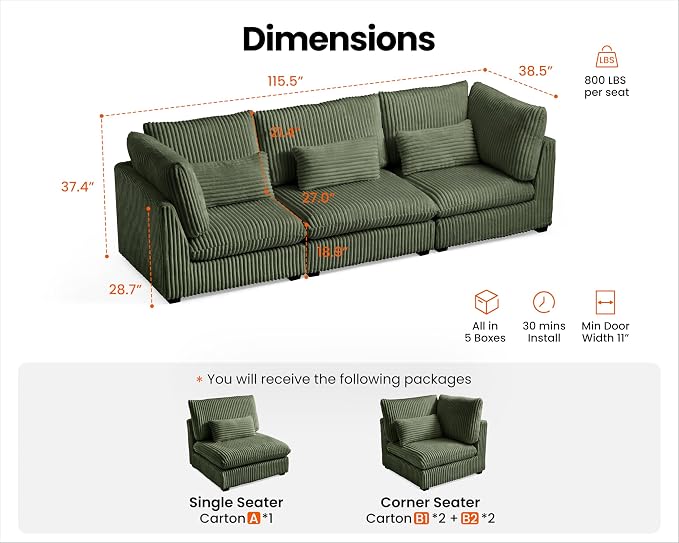 115" Oversized Corduroy Couch Modular Sectional Sofa, Washable Cloud Couch Sectional, 3 Seater Sectional Couches for Living Room, Fully Cover Removable, Basic 3 Seater, Corduroy, Green