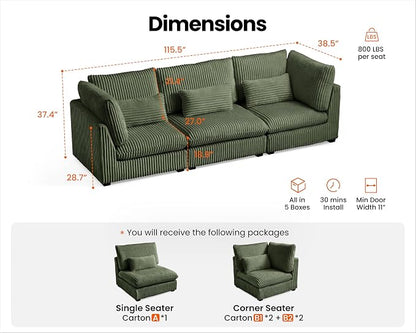 115" Oversized Corduroy Couch Modular Sectional Sofa, Washable Cloud Couch Sectional, 3 Seater Sectional Couches for Living Room, Fully Cover Removable, Basic 3 Seater, Corduroy, Green