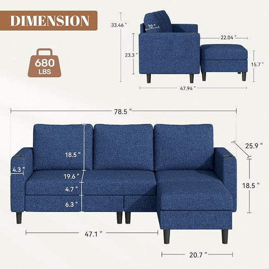 Luxanimarion Upholstered Sectional Sofa and Couches, 78'' L Shaped 3-seat Sofa forLiving Room, Apartment, Lounge,Bedroom-Washable Covers Convertible Sofas(Linen Fabric,Blue)