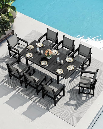 SERWALL HDPE Outdoor Dining Set for 8 with Textilene Chairs, Black | 60" - 83" Aluminum Expandable Patio Dining Table and Breathable Textilene Chairs, All Weather HDPE Patio Furniture Set