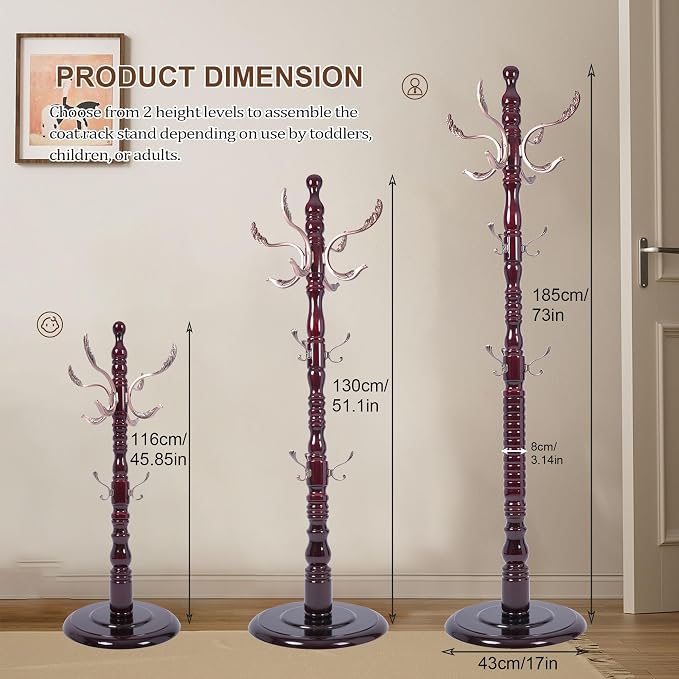 Wooden Coat Rack Freestanding with 20 Metal Hooks, Adjustable Height Coat Tree Free Standing Heavy Duty for Entryway, Easy Assembly Solid Wood Sturdy Coat Hats Hanger Stand for Office Hallway Bedroom