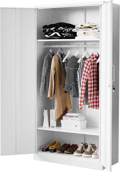 BYNSOE Metal Storage Cabinet 72'' Metal Locker with Locking Storage Locker with Hanging Rod for Office Hospital Require Assembly (White)