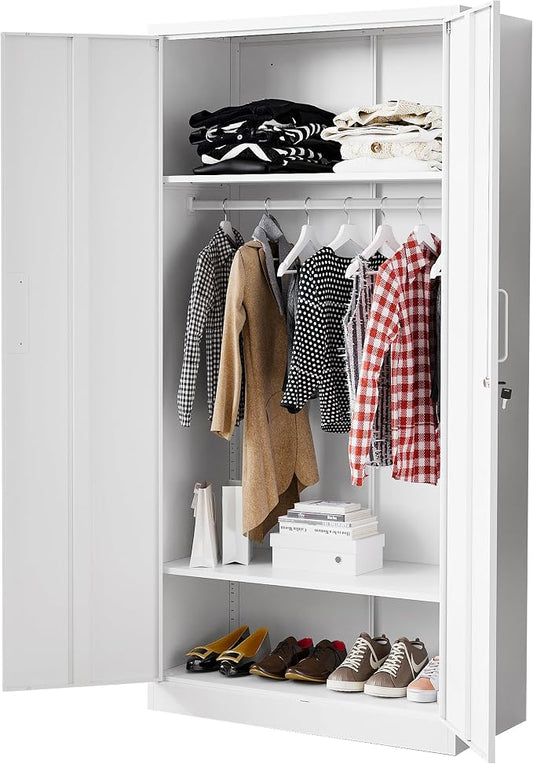BYNSOE Metal Storage Cabinet 72'' Metal Locker with Locking Storage Locker with Hanging Rod for Office Hospital Require Assembly (White)