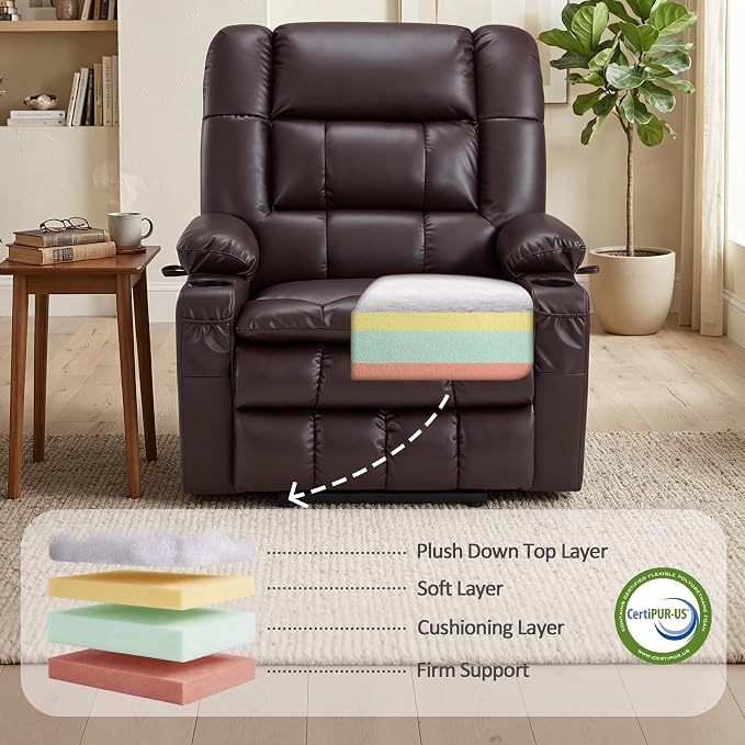MCombo Dual Motor Power Lift Recliner Chair for Elderly, Lay Flat Lift Chair with Heat and Massage, Oversized Lift Recliner for Big and Tall, Faux Leather R7891 (Dark Brown, Large-Wide)