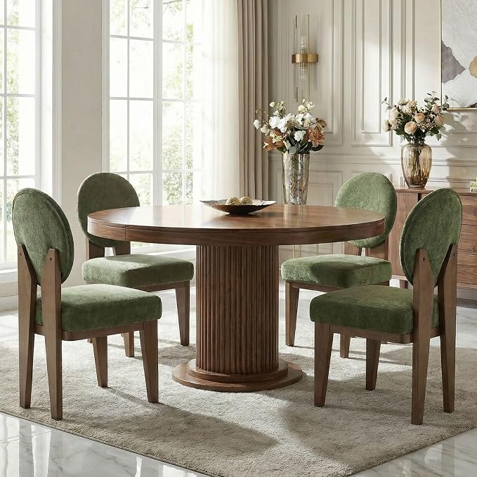 Hyfirm Mid-Century Modern Walnut Dining Chairs Set of 2, Vintage Green Wooden Kitchen Chairs, Retro Upholstered Velvet Cushioned Seat with Curved Backrest, Armless Accent Side Chair for Bedroom