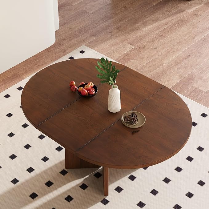 LUMISOL Extendable Round Dining Table for 4-6 People, Farmhouse Kitchen Table with 16inch Removable Leaf for Kitchen, Dining Room, Living Room, Brown