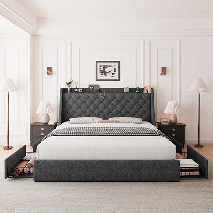 Feonase Upholstered Full Size Bed Frame with 4 Storage Drawers, Charging Station, Tufted Wingback Storage Headboard, No Box Spring Needed, Easy Assembly, Dark Grey