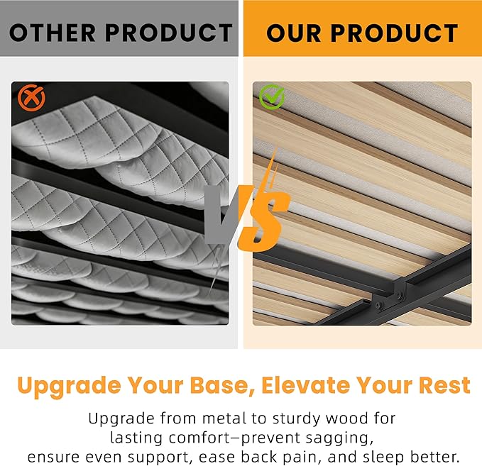 VIPSHOW 2 Inch Wood Slat Full Box Spring with Round Corners - 3000 lbs Capacity, Low Profile Bed Slat Replacement Bunkie Board with Metal Frame, Noise-Free, Easy Assemble, Black