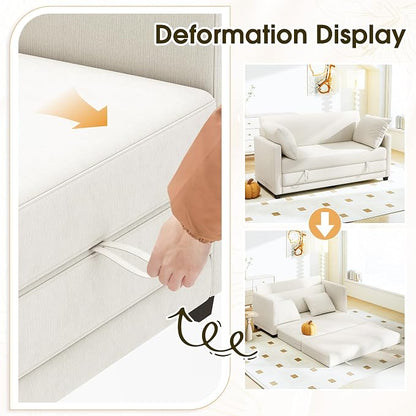 Myroyalsit 65" Convertible Loveseat Sofa Bed, 2-in-1 Folding Sofa Bed with 2 Pillow for Small Spaces, Modern Loveseat Sleeper Couch for Apartment, Living Room & Guest Room (Beige Chenille, 65 inch)