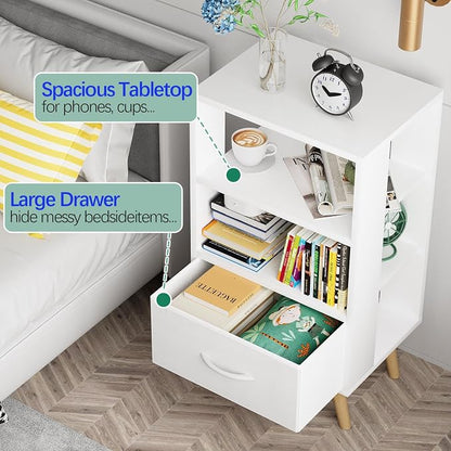 Aenuert Night Stand, White Nightstand with Drawer, Side Table with Open Storage, 3-Tier Modern End Table, Bedside Table for Small Space, Living Room, Bedroom