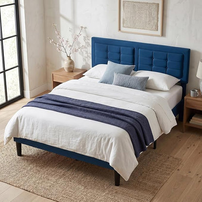 VECELO Full Size Bed Frame, Adjustable Upholstered Button Tufted Headboard, Heavy-Duty Bedframe with Wood Slats Support, No Box Spring Needed, Aegean Blue