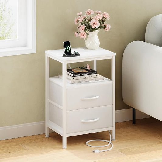 DUMOS Nightstand with Charging Station Built in USB Ports and AC Outlets Bedside Table with Adjustable Fabric Drawer and Open Shelf Modern End Table for Bedroom,White