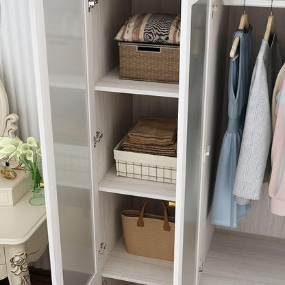 MOUMON Wide Modern Bedroom Armoires with Frosted Glass Doors and Hanging Rod, Tall Wardrobe with Drawers, Large Armoire Wardrobe Closet, Wood Grain 63" W x 19.7" D x 86.6" H