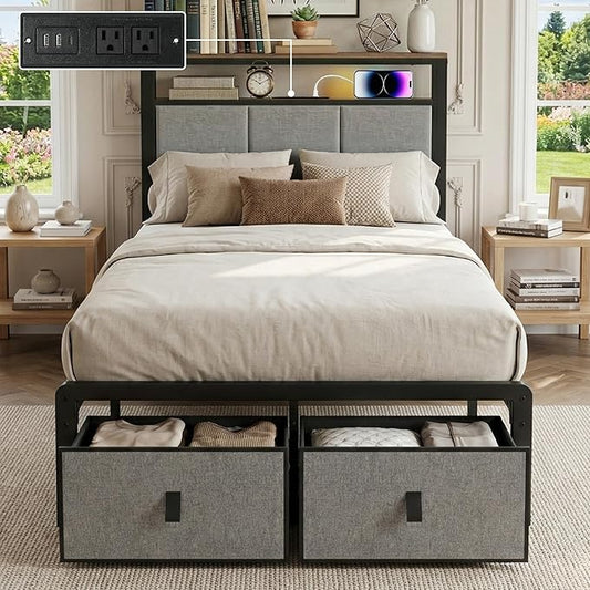 Upholstered Twin Bed Frame with 2-Tier Storage Headboard, Metal Platform Bed with Charging Station, Twin Size Bed Frame with 2 Under Bed Storage Drawers, No Box Spring Needed, Noise-Free