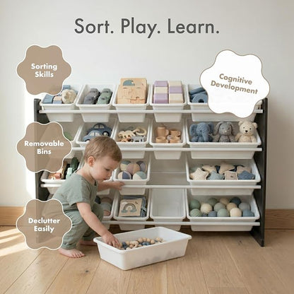 Humble Crew Toy Storage Organizer with 20 Removable Storage Bins for Kids Playroom, 4-Tier Toddler Toy Organization and Storage, Espresso/White