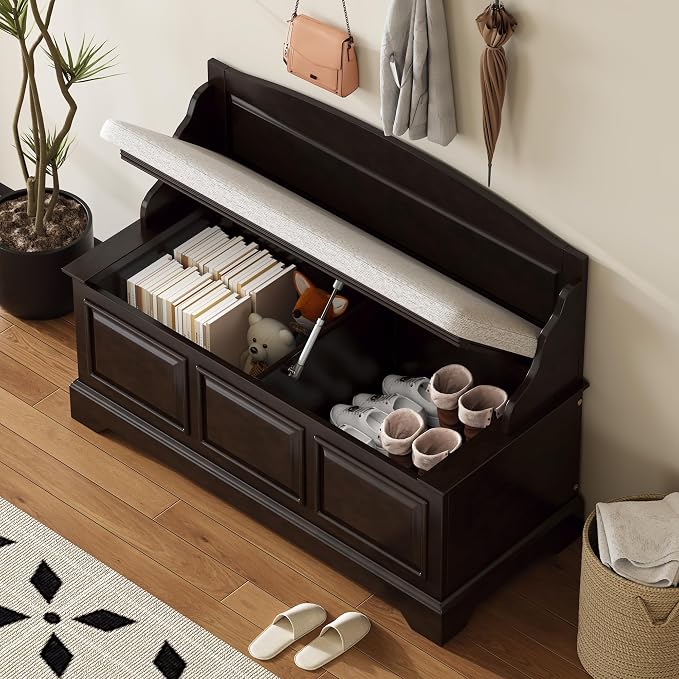 Knocbel Rustic Entry Storage Bench with Hidden Compartments and Removable Cushion, Wooden Entryway Hallway Foyer Shoe Bench Bedroom End of Bed Bench (Espresso and Beige)