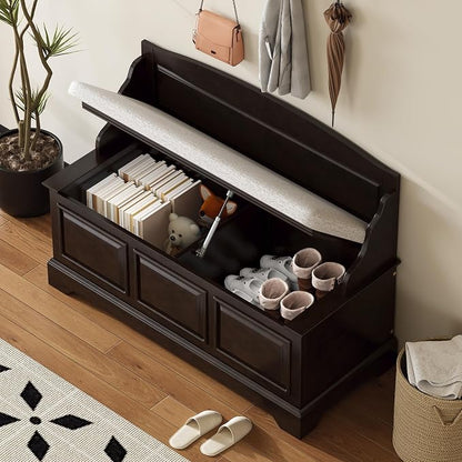 Knocbel Rustic Entry Storage Bench with Hidden Compartments and Removable Cushion, Wooden Entryway Hallway Foyer Shoe Bench Bedroom End of Bed Bench (Espresso and Beige)