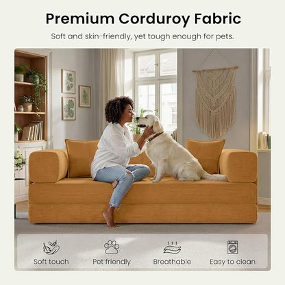 78.8" Convertible Futon Sofa Bed,Corduroy Futon Couch with Storage Pocket,Folding Pull Out Sofa,No Assembly Boneless Couch for Living Room,Yellow