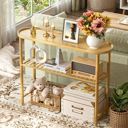 Narrow Console Table Bamboo 39.4", Modern Entryway Table for Hallway Oval Top, Sofa Console Table with Anti-Fall Edge, TV Stand for Living Room, Indoor Outdoor Plant Stand, 5min Easy Assembly