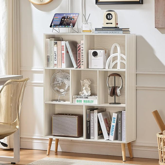 LEYAOYAO Cube Bookshelf 3 Tier Mid-Century Light Grey White Modern Bookcase with Legs,Retro Wood Bookshelves Storage Organizer Shelf,Freestanding Open Book Shelves for Bedroom,Living Room,Office