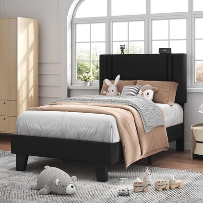 Feonase Twin Platform Bed Frame, Velvet Upholstered Twin Bed Frame, Solid Wood Slats & Heavy Duty Feet Support, No Box Spring Needed, Noise-Free, Easy Assembly, Black