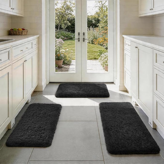 Ophanie Small Rug Washable Non Slip Throw Bedside Area Rugs, Fluffy Soft Mini Bedroom Carpet, 1.5x2.5，1.5x4 and 1.5x5 Rug Set, 3 Piece Black with Over 99 pcs Pile fibers