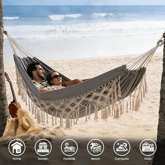 Lazy Daze Hammocks Double Brazilian Cotton Hammock, Extra Large Portable Outdoor Camping Hammock with Tree Straps & Travel Bag for Backyard Patio Poolside Indoor, 550lbs Capacity, Light Gray