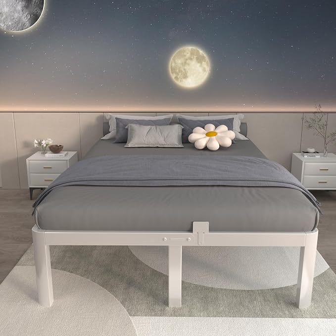 ITIMIDI 14 Inch White Queen Bed Frame with Round Corner Legs, Metal White Queen Platform Bed Frames, Storage Space, No Box Spring Needed, Heavy Duty Steel Support 3500 LBS, Noiseless, Easy Assembly