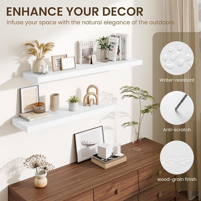 Fun Memories Floating Shelves Set of 3, 36 Inch Long Wooden Wall Shelves, 10 Inch Deep Wall Mounted Storage Shelf with Metal Brackets for Living Room, Bathroom, Bedroom and Kitchen, White
