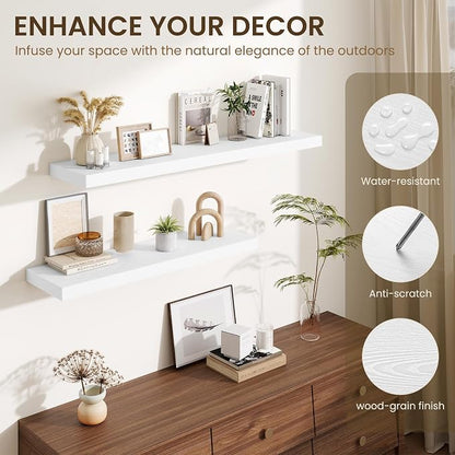 Fun Memories Floating Shelves Set of 3, 40 Inch Long Wooden Wall Shelves, 10 Inch Deep Wall Mounted Storage Shelf with Metal Brackets for Living Room, Bathroom, Bedroom and Kitchen, White