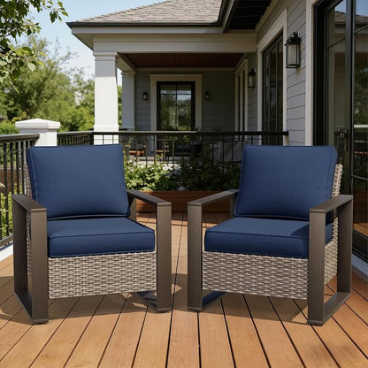 Joyside Outdoor Patio Chairs Set, 2 Pieces Wicker Rattan Chairs with Metal Wide Armrest, Thick Cushions and Deep Seating for Garden, Backyard, Porch, Deck