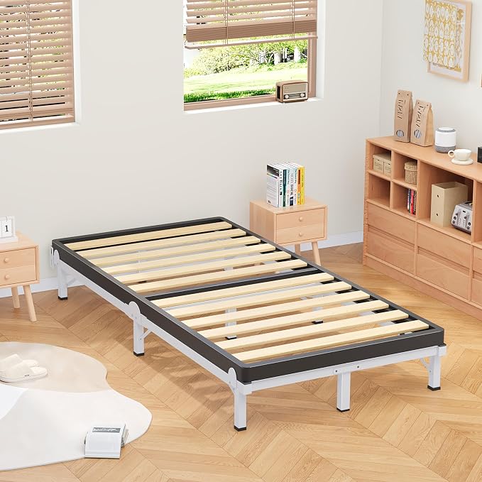 MAF Metal Bed Frame Twin, 9-Legs Support Bed Base, 8 Inches Twin Bed Frame for Box Spring and Mattress, Basics Bed Frame Headboard Attachable Tool-Free Easy Assembly, White