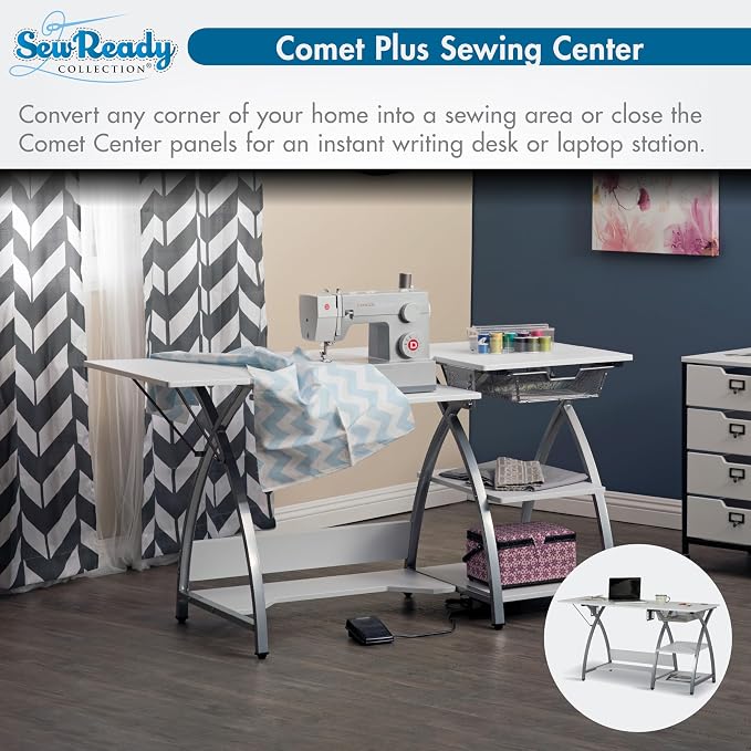 Comet Plus Sewing Table with Wire Mesh Drawer + Shelves - Can Also Be Used as Computer Desk