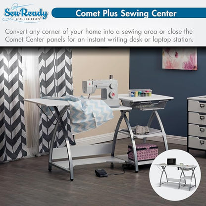 Comet Plus Sewing Table with Wire Mesh Drawer + Shelves - Can Also Be Used as Computer Desk
