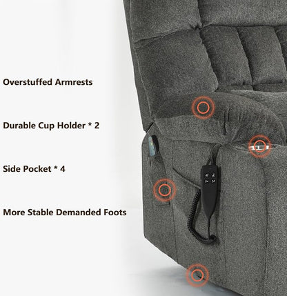 JIKFRIMA Power Lift Recliner Chair for Elderly, Dual Motor Lift Chair with Heat and Massage, Lay Flat Lift Chair for Adults, Cup Holders, Lumbar Pillow, Chenille,Dark Grey