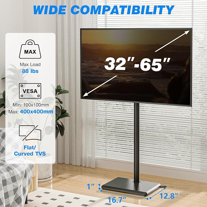 Rfiver Swivel Floor TV Stand with Mount for 32-65 inch TVs up to 88 lbs, Height Adjustable Tall TV Stand with Wood Base, Saving Space Design for Bedroom, Living Room and Corner, Max VESA 400x400mm