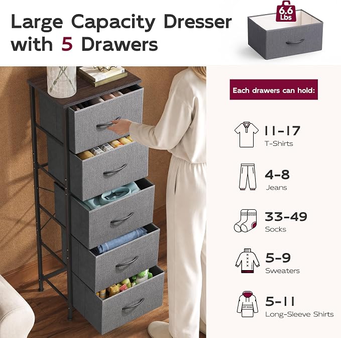 WLIVE Fabric Dresser, 5-Drawer Tall Dressers for Bedroom, Storage Dresser Organizer with Fabric Bins, Wood Top, Sturdy Steel Frame, Chest of Drawers for Closet, Hallway, Dark Grey