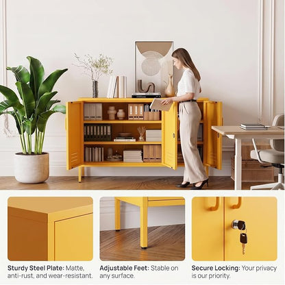 Yellow Metal Storage Cabinet 3 Door Wide Metal Storage Cabinet 2 Layer Adjustable Shelves 32 "H Wide Steel Lockable Storage Cabinet Multipurpose Metal Accent Cabinet for Office/Home/Dining