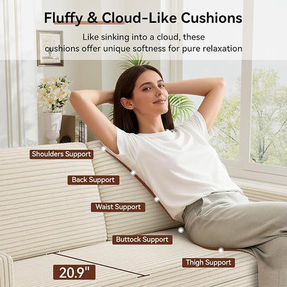 Vipbear 65.4" Loveseat Sofa,Mid-Century Modern Small Couches for Living Room, Bedroom, Office,Comfy Beige Corduroy Couch with Spring Cushion, Solid Wood Frame, Tool-Free Assembly