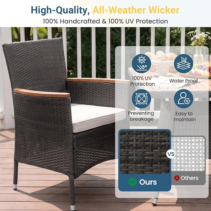 Wisteria Lane 5-Pieces Patio Dining Sets, Rattan Outdoor Table and Chairs with Acacia Wood Tabletop, Metal Patio Dining Furniture for 4 with Removable Cushions for Deck Garden Backyard, Grey