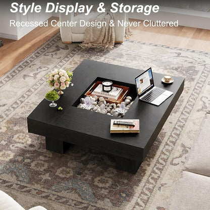 LVB Black Coffee Table, Modern Wood Led Living Room Table with Storage, Unique Large Wide Square Center Table with LED Light, Contemporary Low Tea Table for Bedroom Home Office, 39.37 Inch, Black Oak