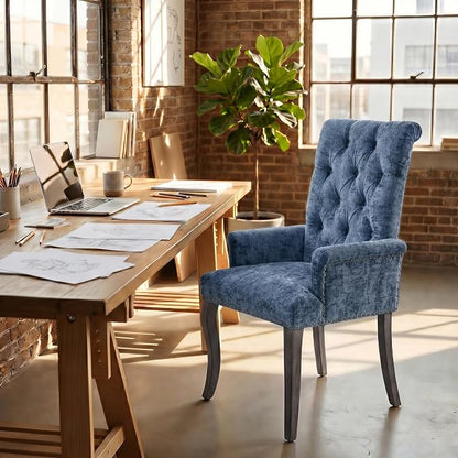Upholstered Dining Chairs with Arms Set of 4, Blue, 4 Pack | Tufted Chenille Kitchen Chairs with Arms, Modern Farmhouse Armchair with Nailhead Trim for Dining Room, Home Office