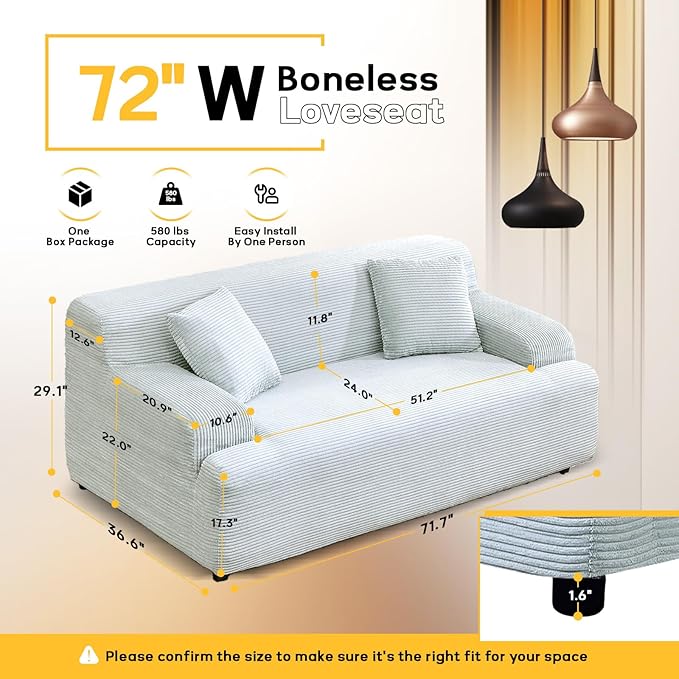 VINGLI 72" W Boneless Loveseat Sofa, Cloud Corduroy Couch in a Box, Compressed Deep Seat Sofa with 10.6" Wide Curved Armrests, Easy Assembly Required for Living Room, Apartments & Office, Light Blue