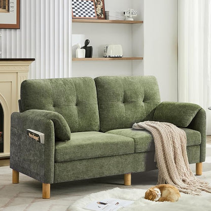 WUTUTUEE 65" Chenille Modern Loveseat Sofa, Upholstered 2-Seater Love Seat Couch with Armrest Pillows, Storage Pockets, Easy Assembly, Tufted Loveseat Couches for Living Room Bedroom, Green