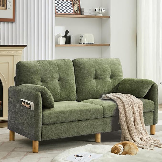 WUTUTUEE 65" Chenille Modern Loveseat Sofa, Upholstered 2-Seater Love Seat Couch with Armrest Pillows, Storage Pockets, Easy Assembly, Tufted Loveseat Couches for Living Room Bedroom, Green