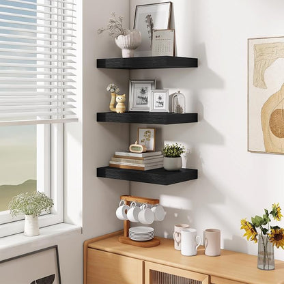 Fun Memories Black Floating Shelves for Wall - 10 x 16 Floating Shelf - Rustic Wood Storage Shelf - Wall Shelves with Invisible Bracket - 16" Bookshelves for Living Room & Bedroom - Black - Set of 2