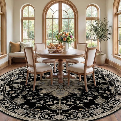 RELEANY Area Rugs Round 8ft Washable Non-Slip, Floral Vintage Distress Medallion Carpet for Living Room Bedroom Dining Room, Black Brown Neutral Dark Tan