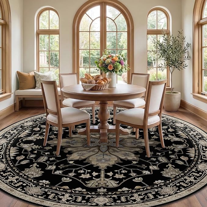 RELEANY Area Rugs Round 10ft Washable Non-Slip, Floral Vintage Distress Medallion Carpet for Living Room Bedroom Dining Room, Black Brown Neutral Dark Tan